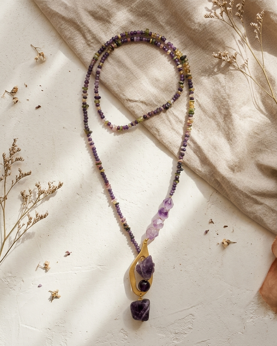 Collar largo Violeta de sugilita y turmalina con colgante dorado