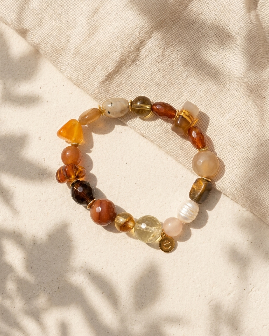 Pulsera Ámbar de cornalina, ágata y citrino con charm dorado
