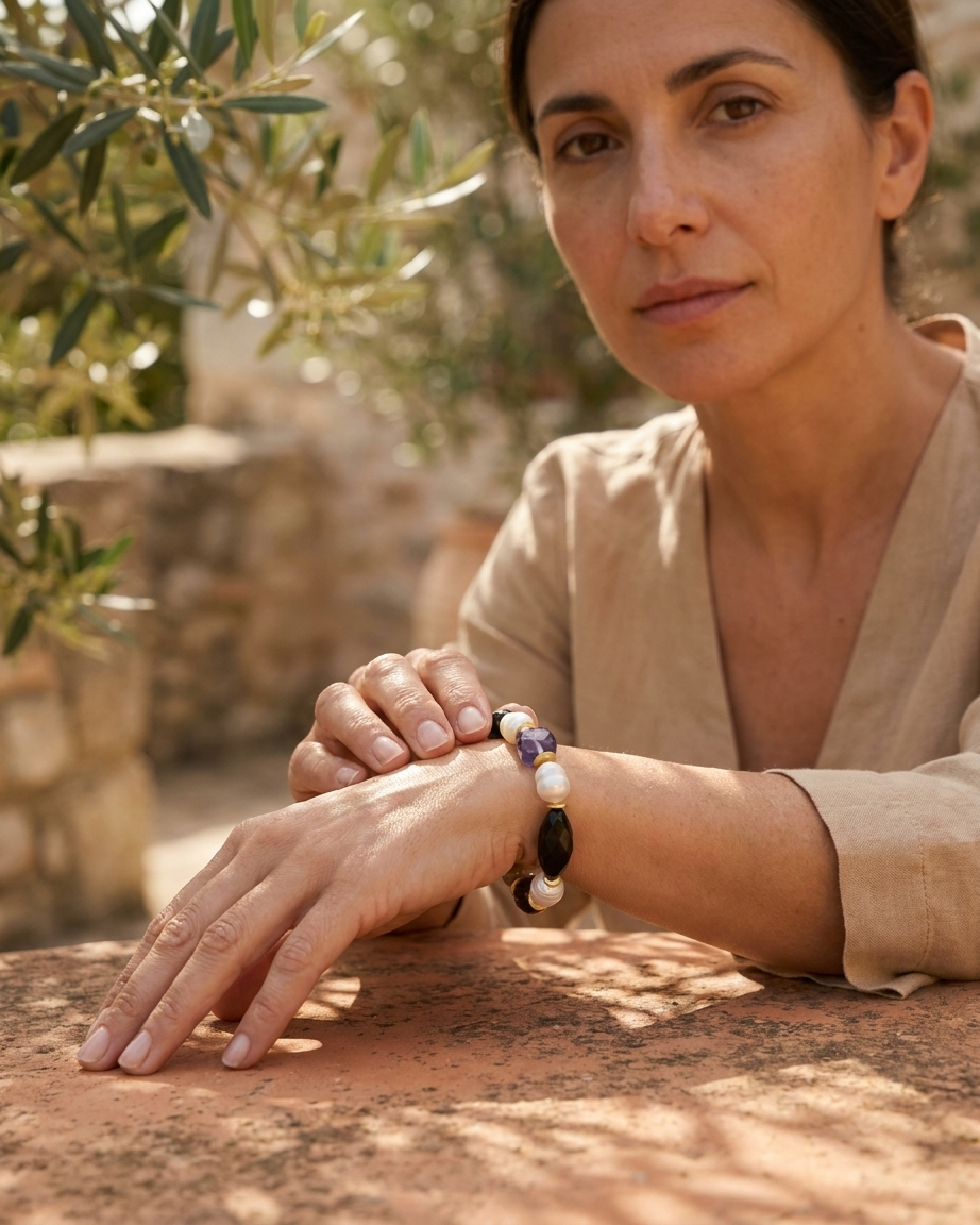 Pulsera Malva de perlas, ónix y amatista