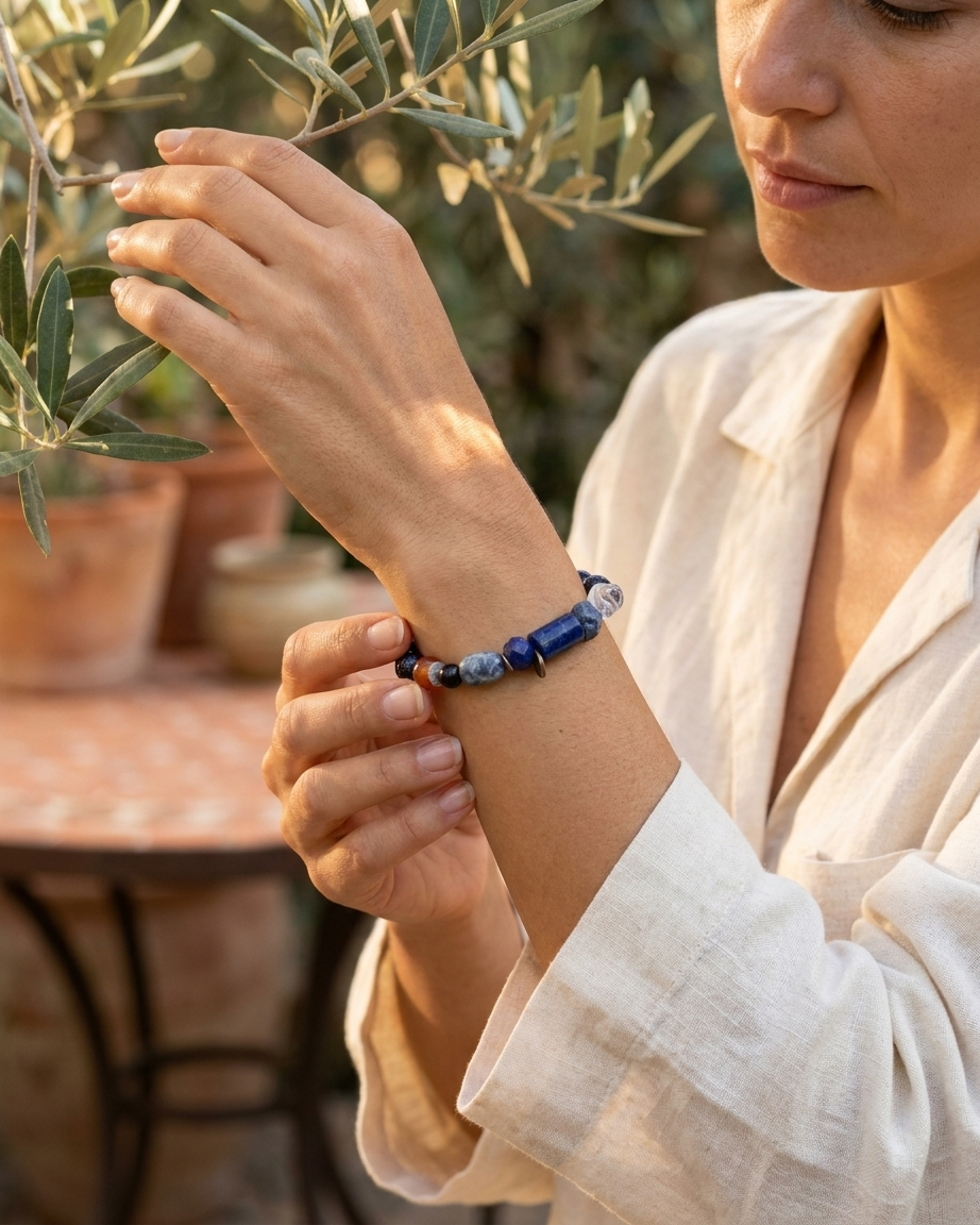 Pulsera Marina de lapislázuli y cornalina con detalles plateados
